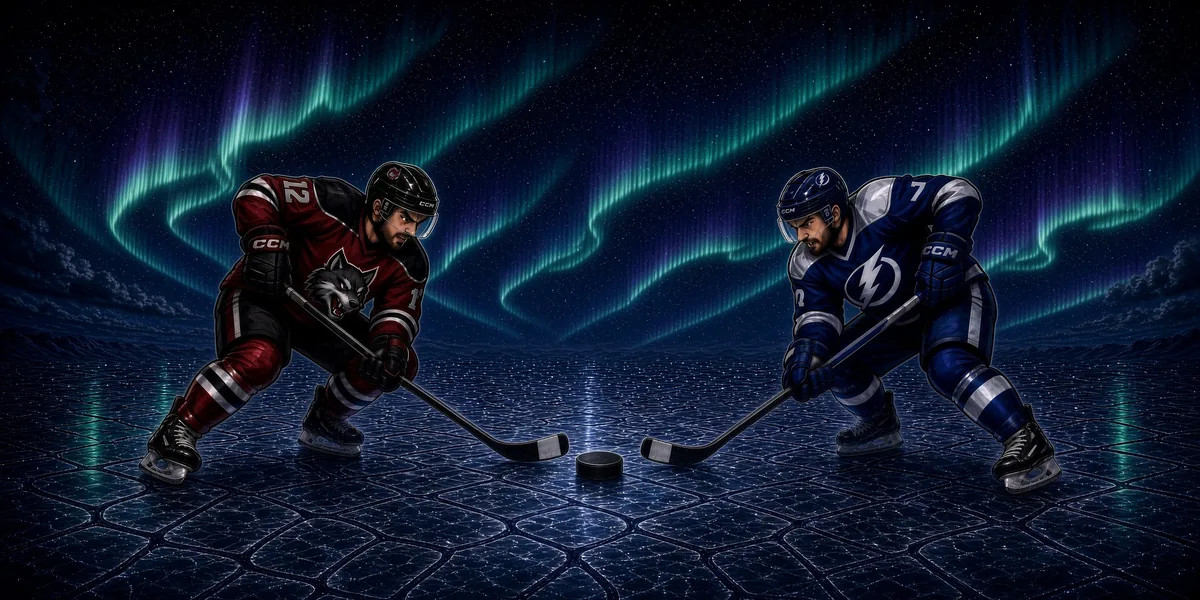 Two skaters lean in over a puck at centre ice, under an aurora.